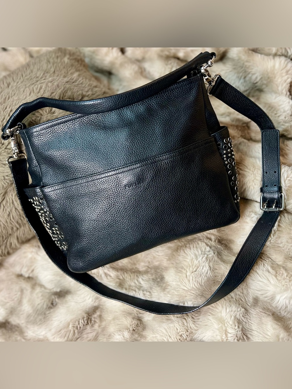 Rare vintage FURLA black leather studded handbag w/ silver hardware (MSRP $550)